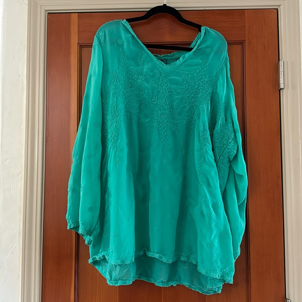 Johnny Was lightweight Teal Embroidered Top